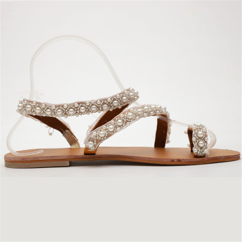 Kobiece Super Urocze Ręcznie Robione Perłowe Sandały Plażowe