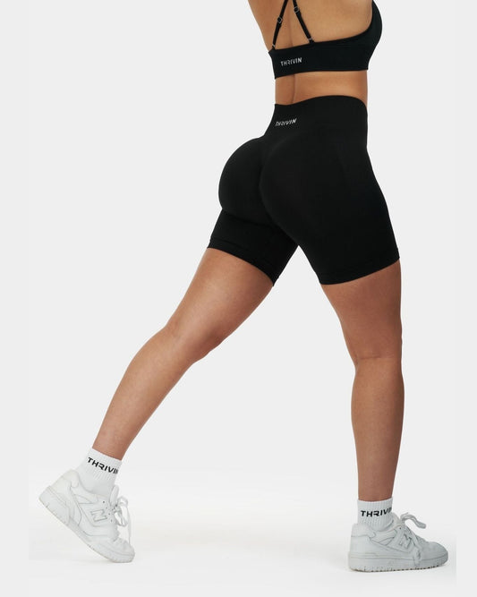 Bezszwowe Spodenki Konturowe z Żebrowanym Wzorem | Czysta Czerń