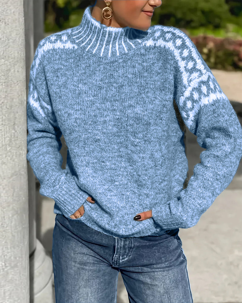 Sweter z Wysokim Kołnierzem w Kontrastowe Wzory