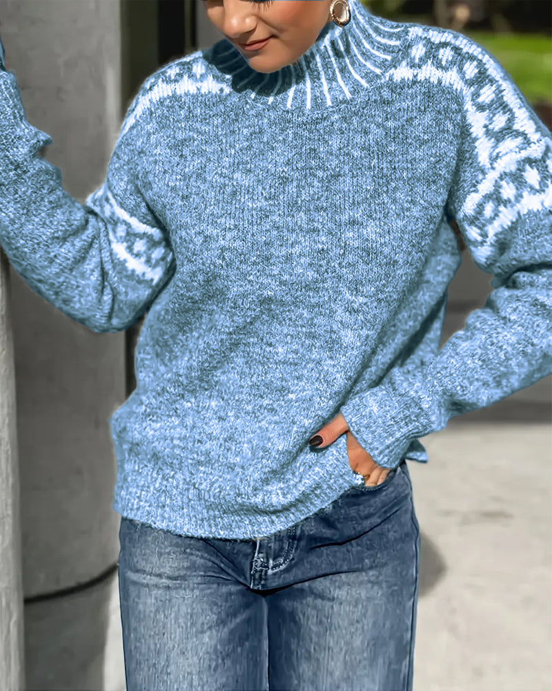 Sweter z Wysokim Kołnierzem w Kontrastowe Wzory