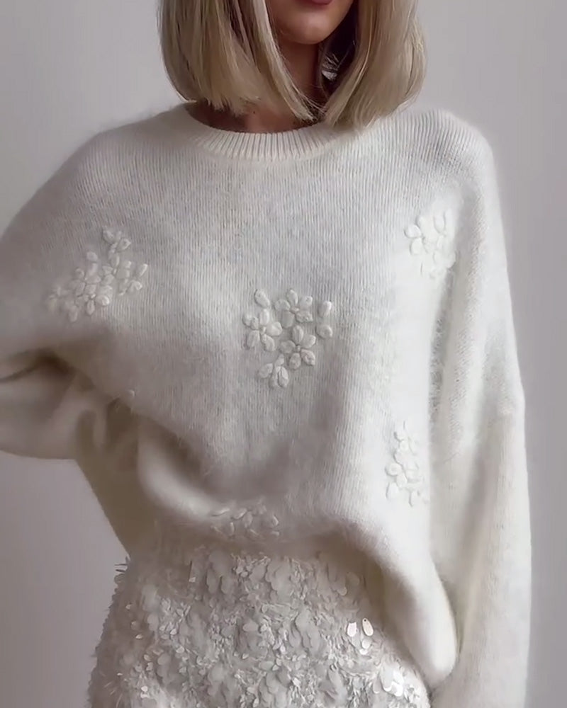 Sweter casual z okrągłym dekoltem, długim rękawem, jednolity kolor