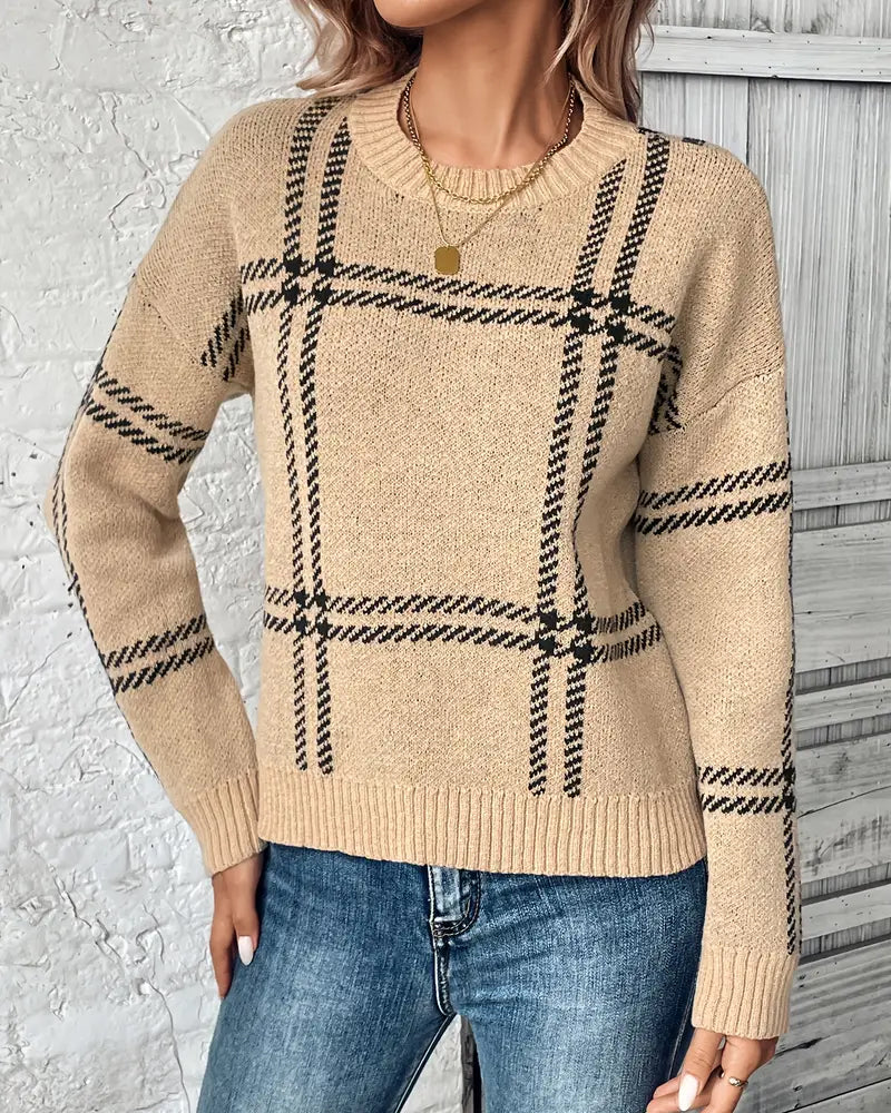 Sweter w kratkę z długim rękawem