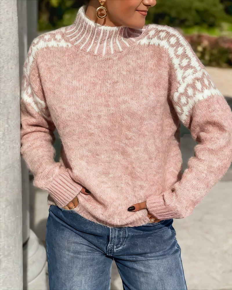 Sweter z Wysokim Kołnierzem w Kontrastowe Wzory